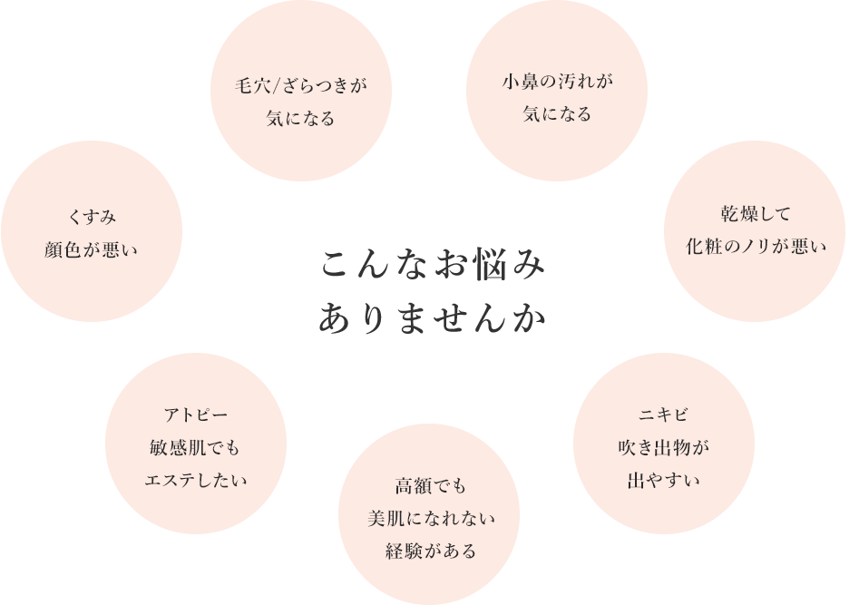 くすみ 顔色が悪い毛穴/ざらつきが 気になる小鼻の汚れが 気になる乾燥して 化粧のノリが悪いニキビ 吹き出物が 出やすい高額でも 美肌になれない 経験があるアトピー 敏感肌でも エステしたいこんなお悩み ありませんか